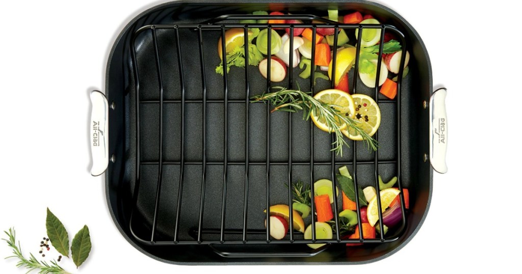 All-Clad Hard Anodized Roaster with Rack with food in it