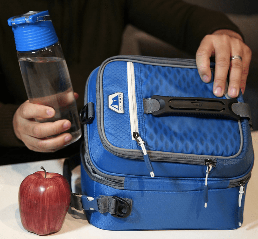 blue Arctic Zone Pro Lunch Bag with water bottle and apple