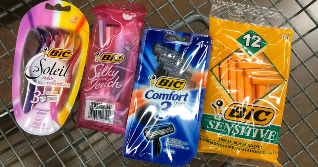 Four different kinds of BIC Disposable Razors in cart at Walgreens