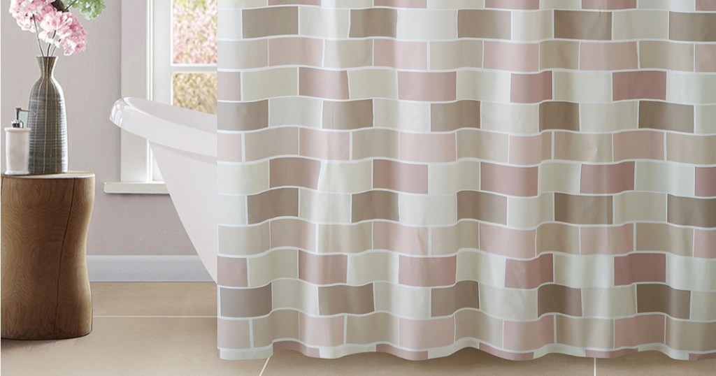 patterned shower curtain in bathroom