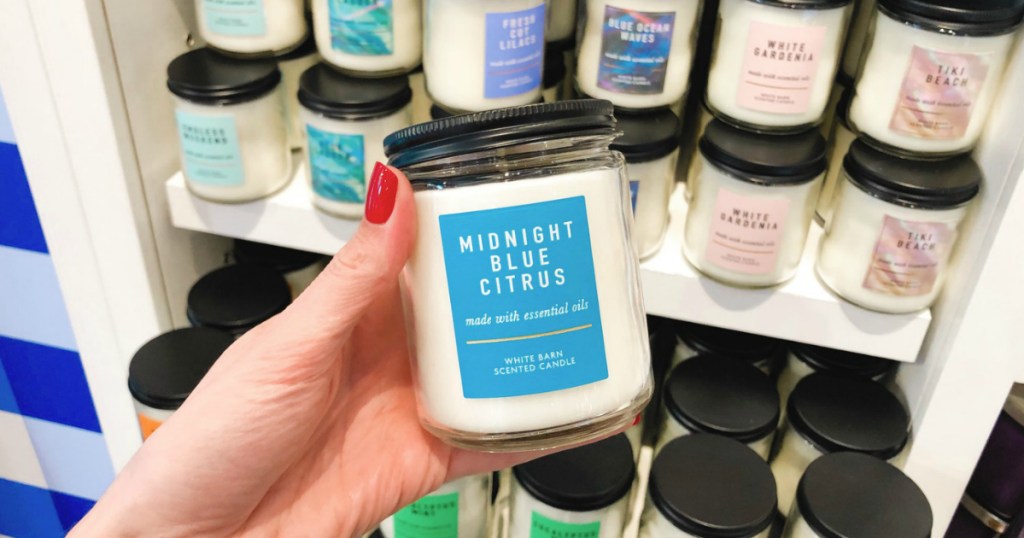 Blue candle at bath and body works in-store