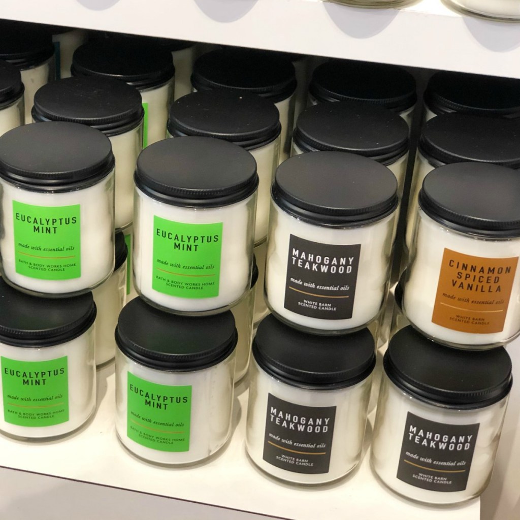 Single wick candles stacked at Bath & Body Works