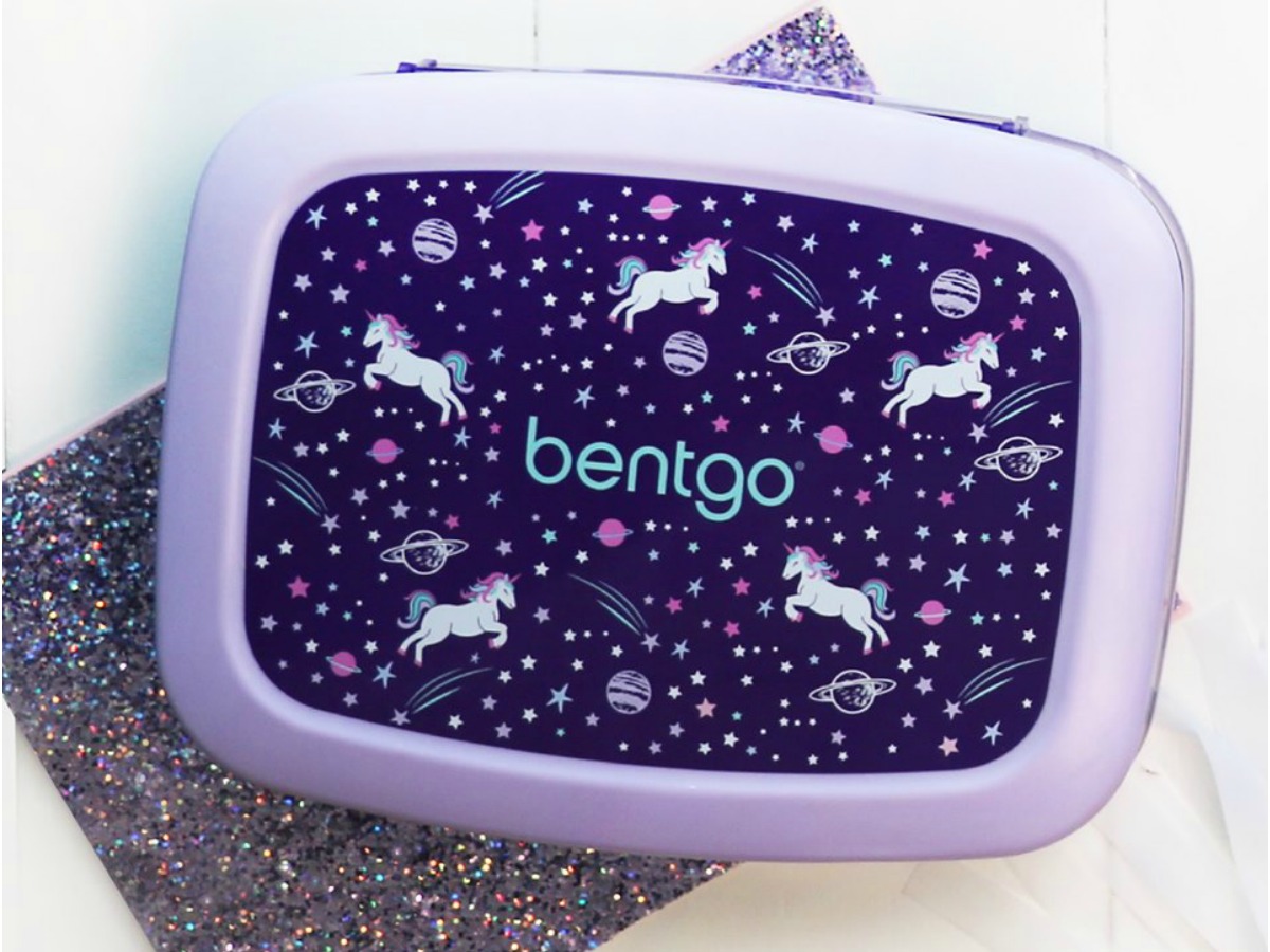 purple Bentgo Unicorn Bento Box on a glittery mat