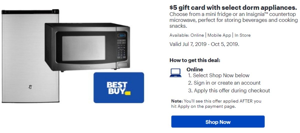 Best Buy Student Deal $5 gift card with select dorm appliance purchase offer