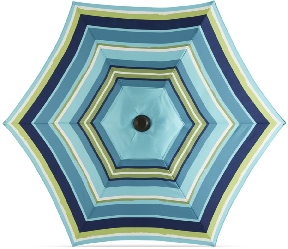 Top view of a blue striped patio umbrella from Lowe's