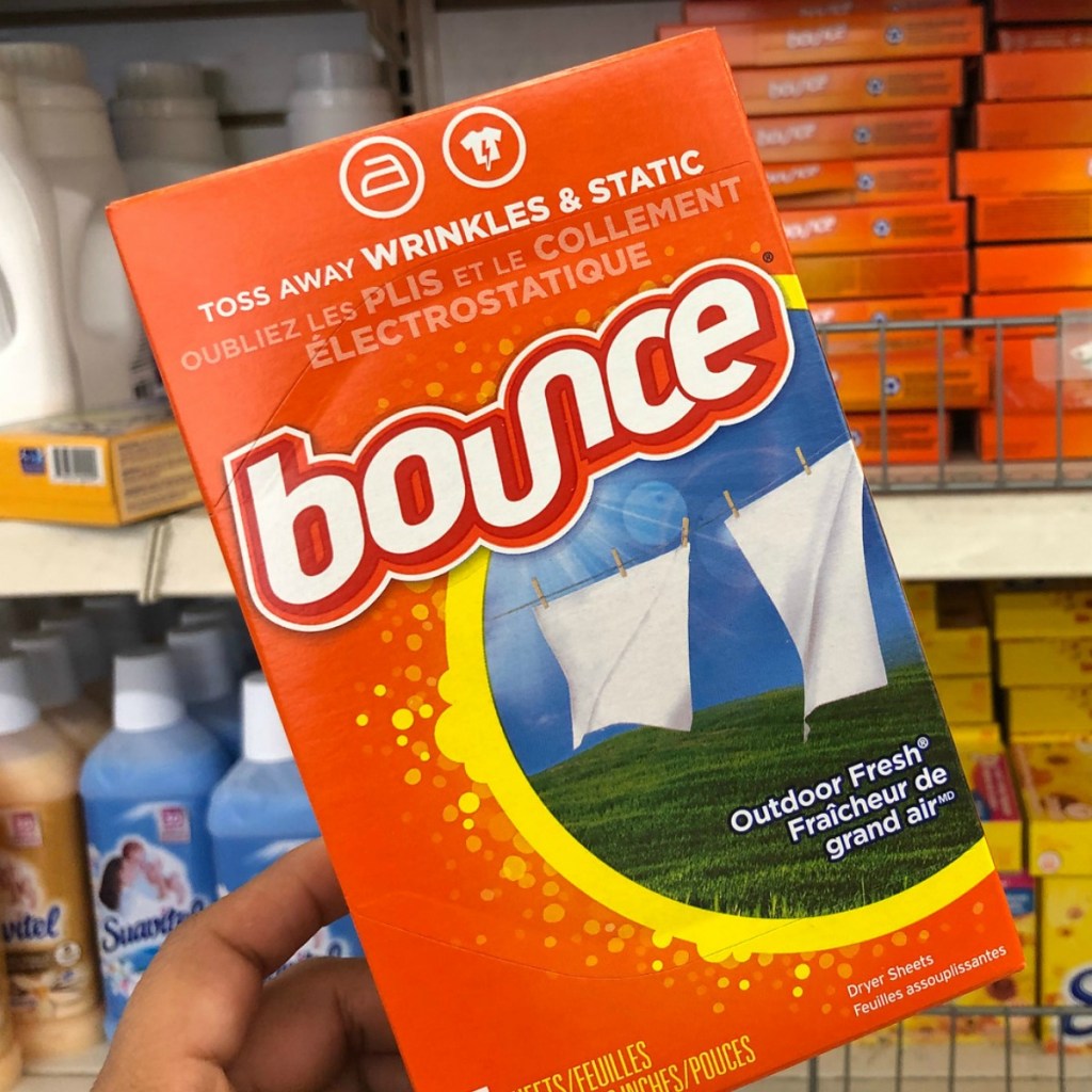 Box of Bounce-brand dryer sheets in store with shelf