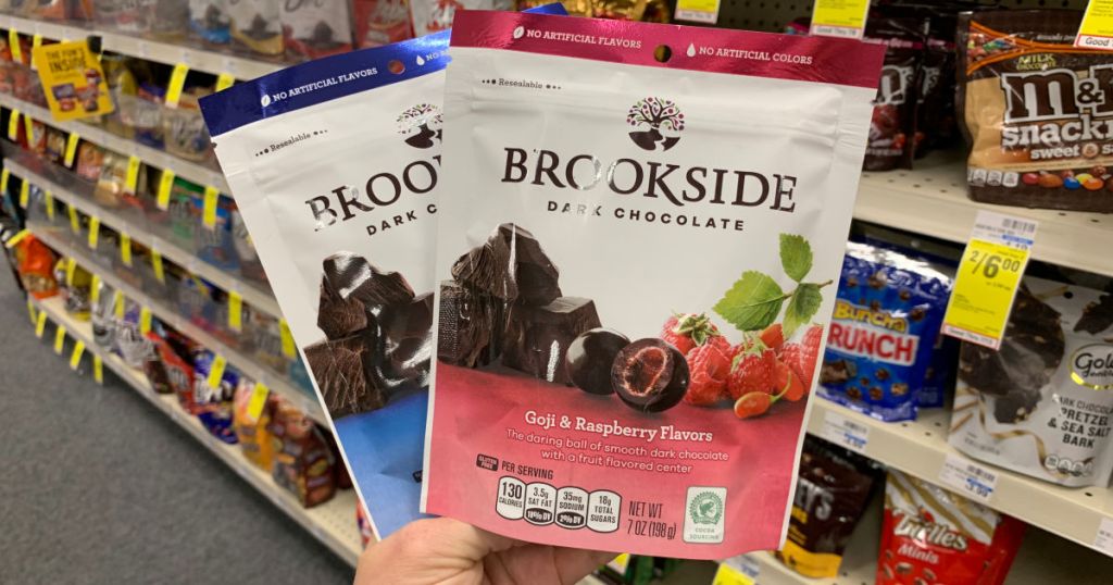 Brookside candy in front of shelf
