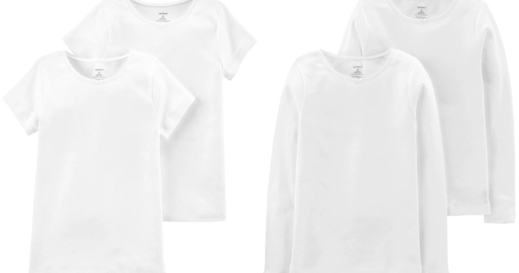 two two packs of white undershirts. short sleeve on the left and long sleeve on the right