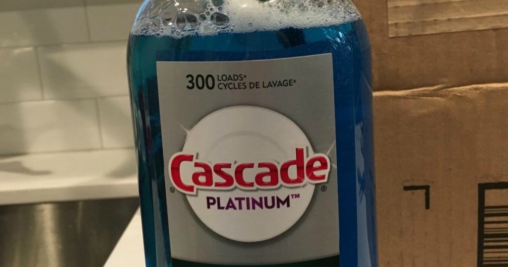 close up of Cascade Rinse Aid bottle 