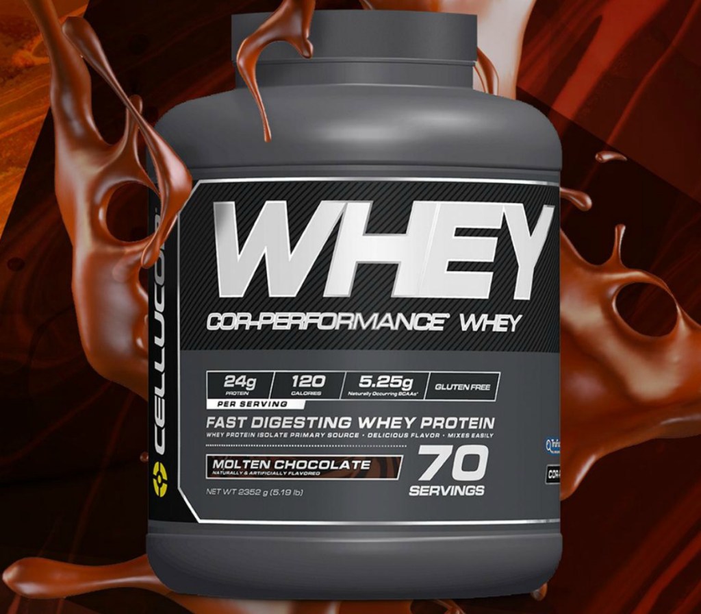 Cellucor brand whey protein in large container with melted chocolate in background 