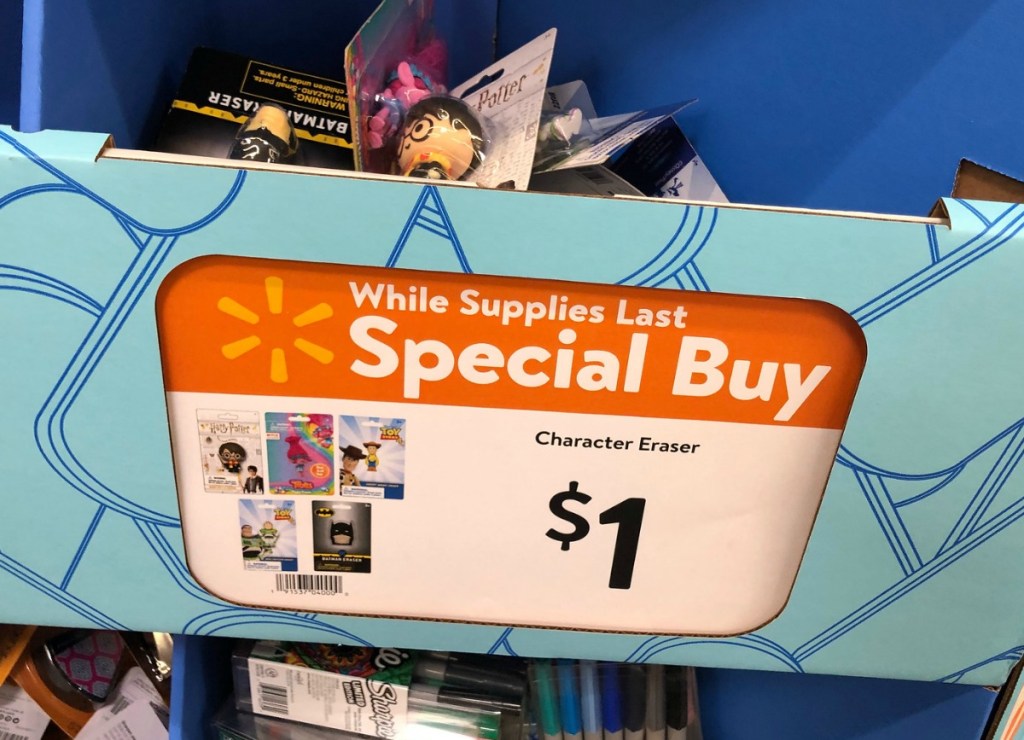 Store display of $1 character erasers at Walmart