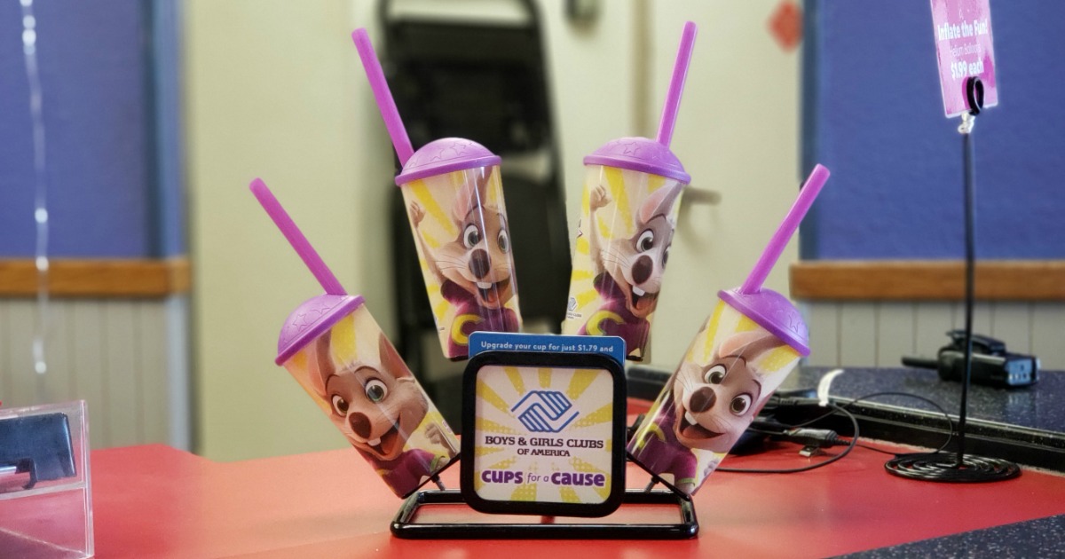 limited edition collectible cups on display at Chuck E Cheese
