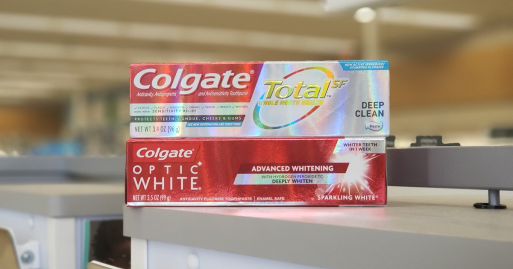 Colgate Total and Colgate Optic White on shelf