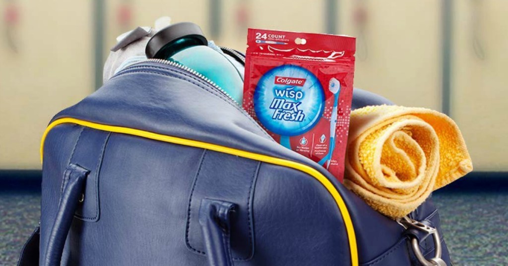 Gym bag with towel, water bottle, and disposable toothbrush pack