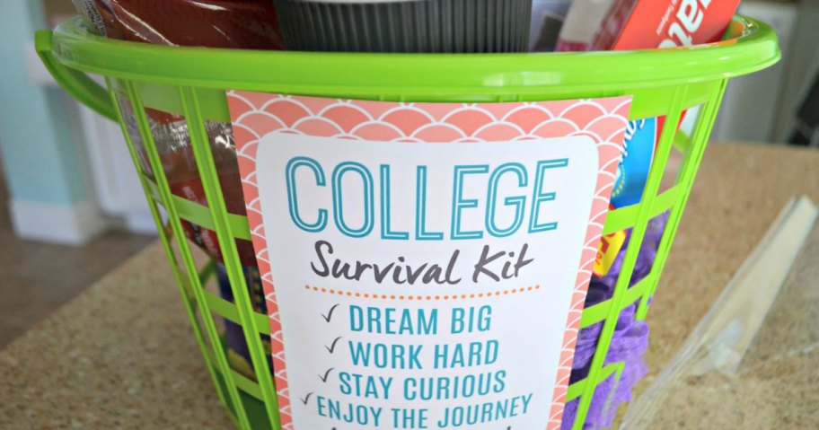 close up of green basket with college supplies inside and inspirational note