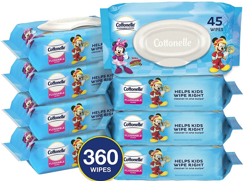 Cottonelle-brand flush wipes for toddlers 8-packs stacked