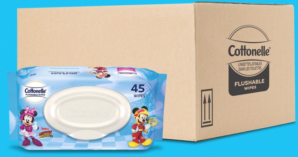 Package of Cottonelle Flushable Wipes with Mickey Mouse Print and Large Box
