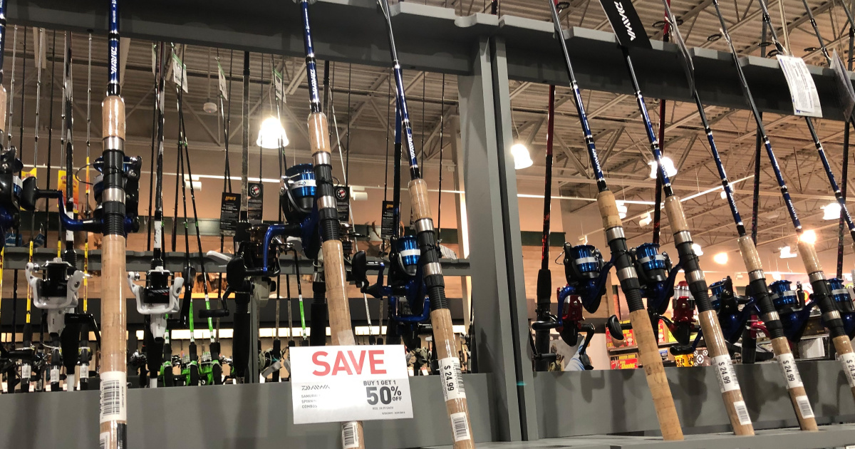 rows of fishing poles lined on a store shelf