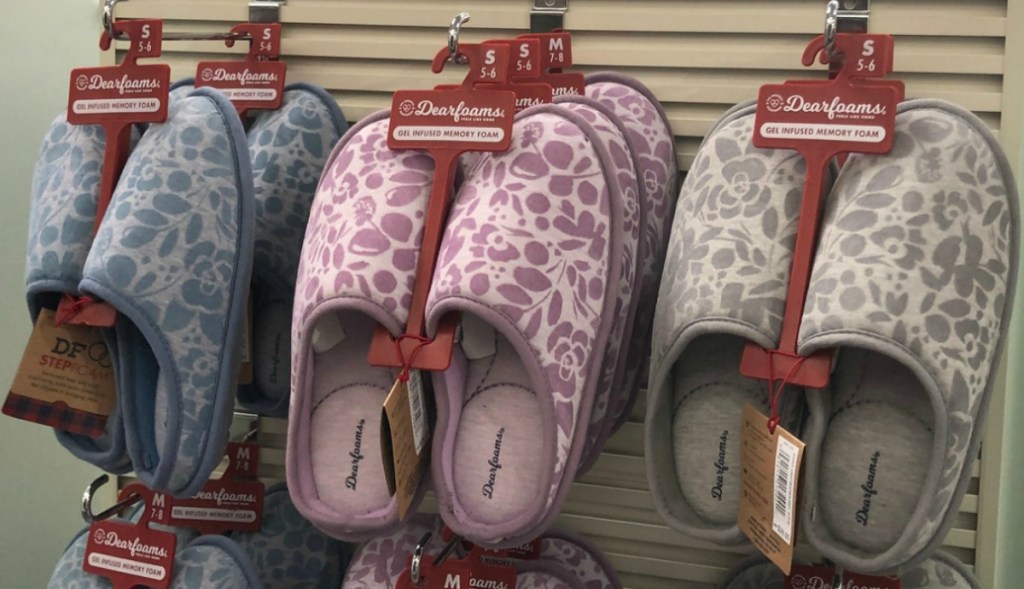 In-Store display of women's dearfoam slippers in a floral print