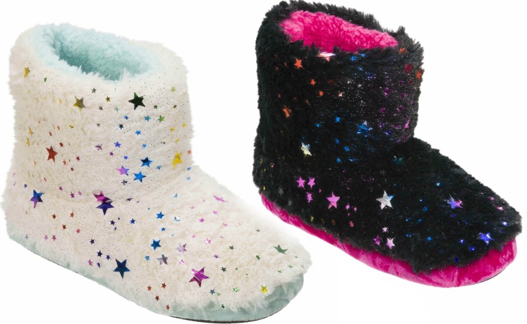 Two colors of kids Dearfoams fluffy booties with star print