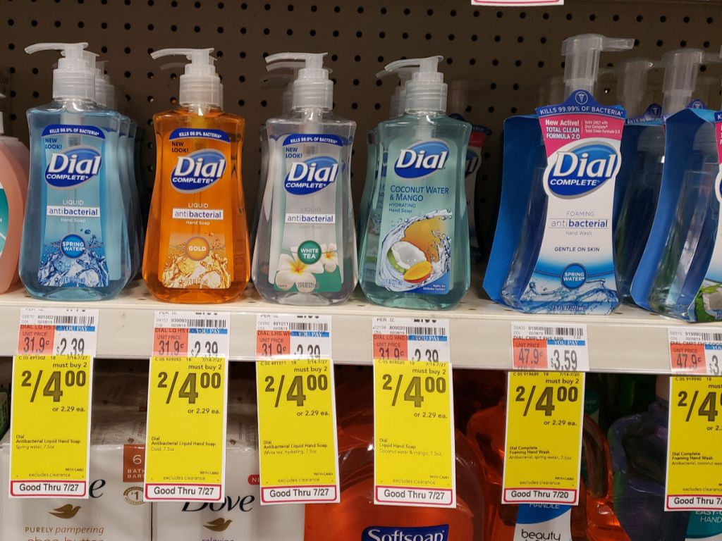 Dial Hand Soap on shelf at cvs with sale sign
