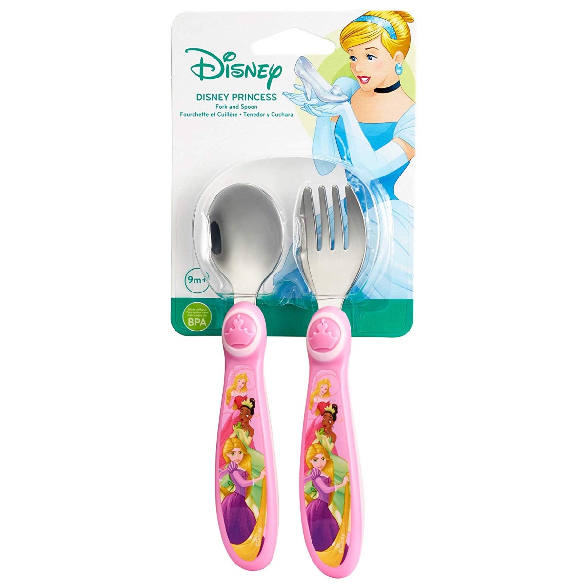 Disney princess fork and spoon set in Disney Princess Packaging, with an image of Cinderella.