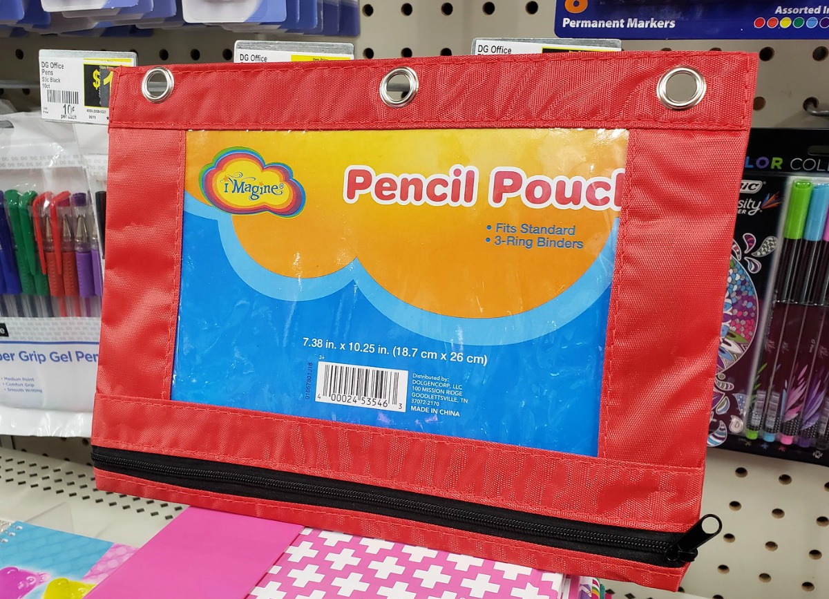 Red pencil pouch in store on display