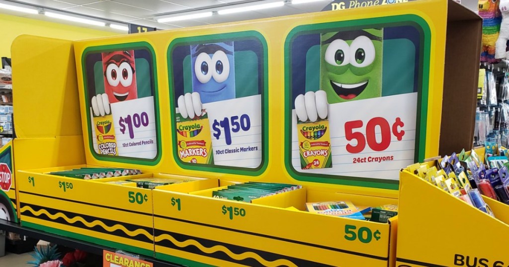 School bus-themed display of crayola-brand school supplies