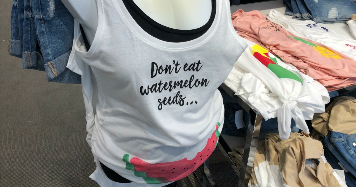 Don't Eat Watermelon Seeds Maternity Graphic Tank Top displayed at Motherhood Maternity store