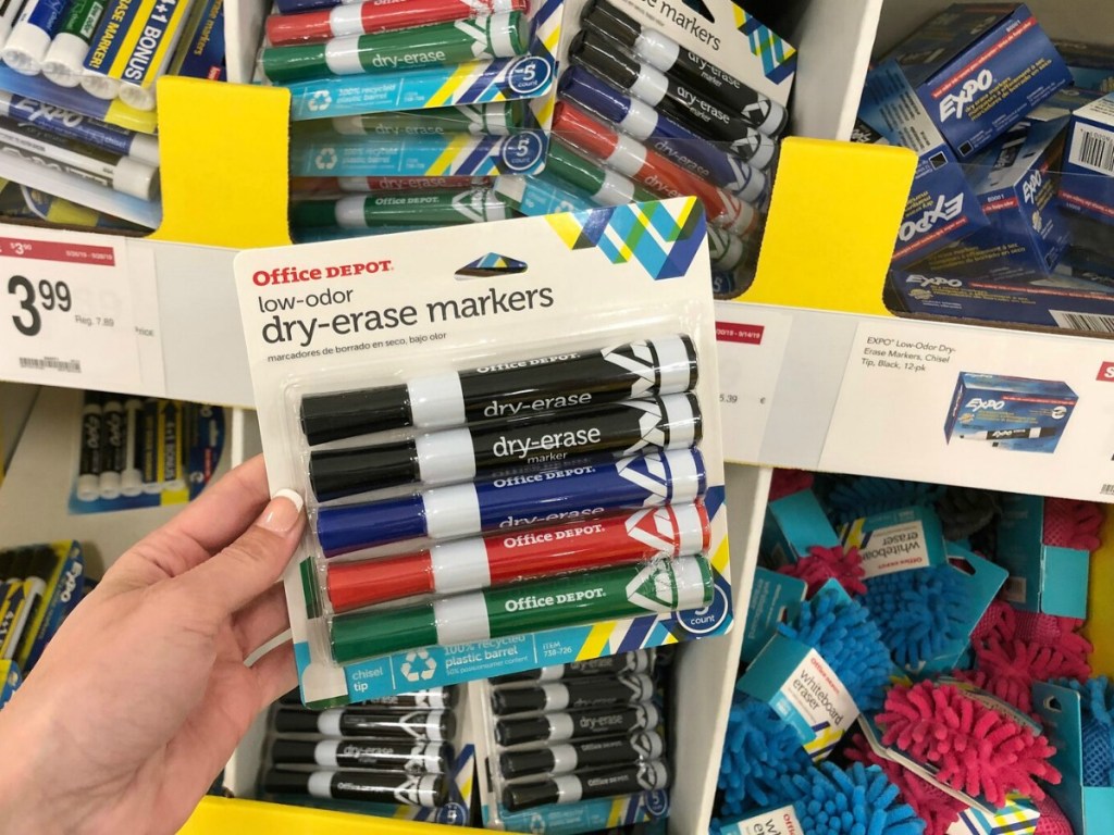 Office Depot Dry Erase markers in front of school supply bins