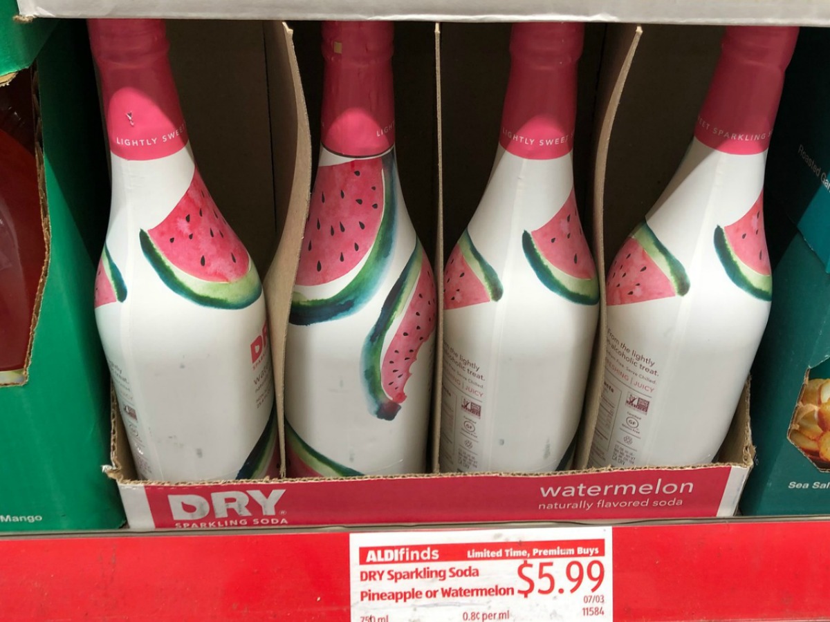 DRY sparkling soda bottles in case on ALDI shelf
