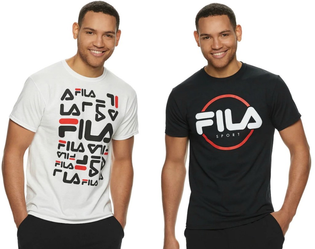 Man wearing two different FILA SPORT Men's graphic tees in white and black