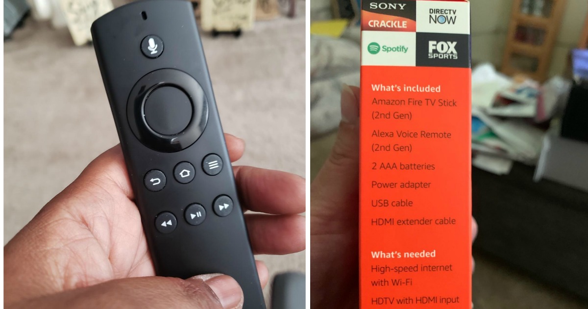 Woman holding Fire TV Stick remote and box