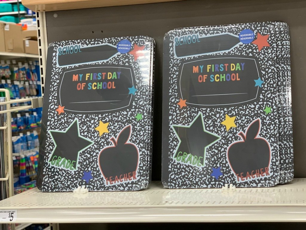 First Day of School Comp Book Sign on shelf at Michaels