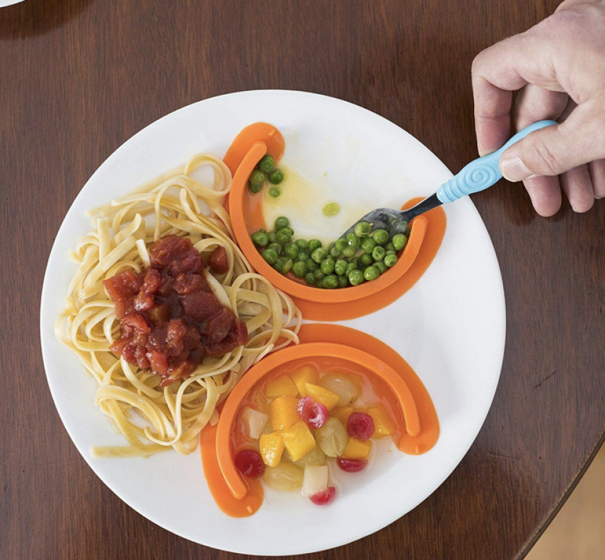 orange Food Cubby Plate Divider with peas, pasta and fruit