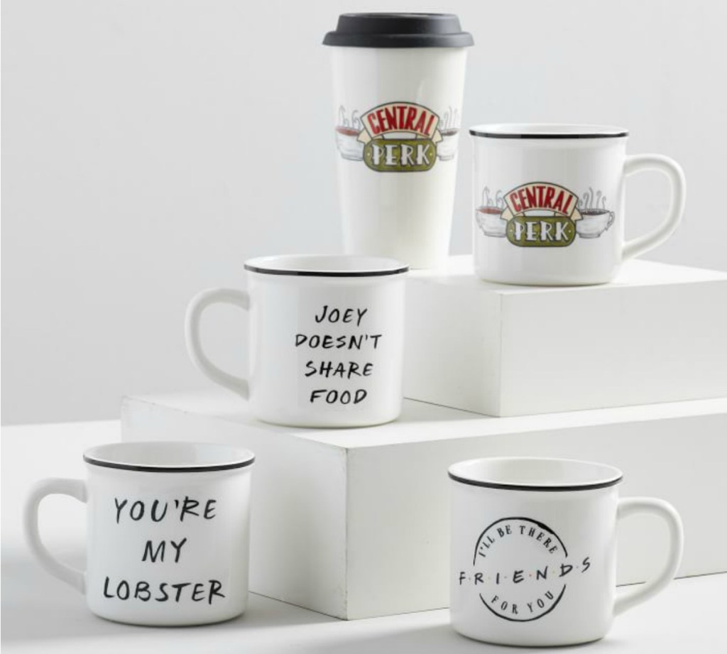 Friends sayings and logos on mugs from Pottery Barn