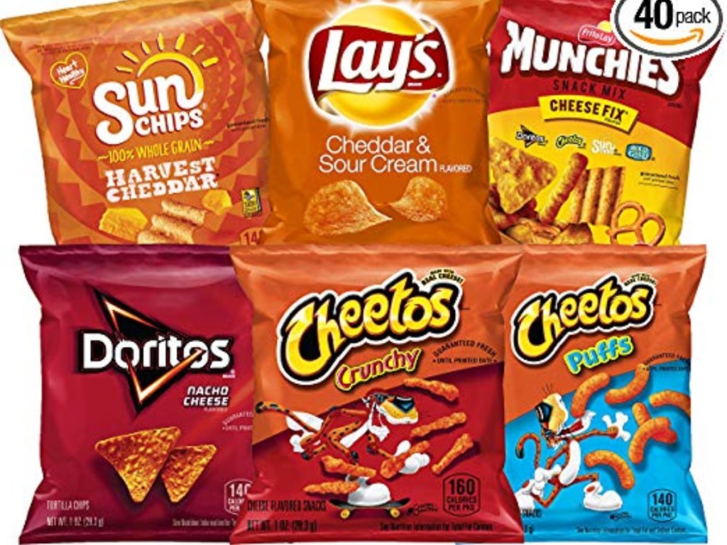Frito-Lay Cheesy Mix Variety Pack with doritios, sun chips, lays, cheetos, and munchies