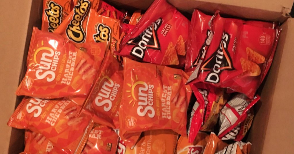 Box of Frito-Lay Cheesy Mix Variety Pack with doritios, sun chips, lays, cheetos, and munchies