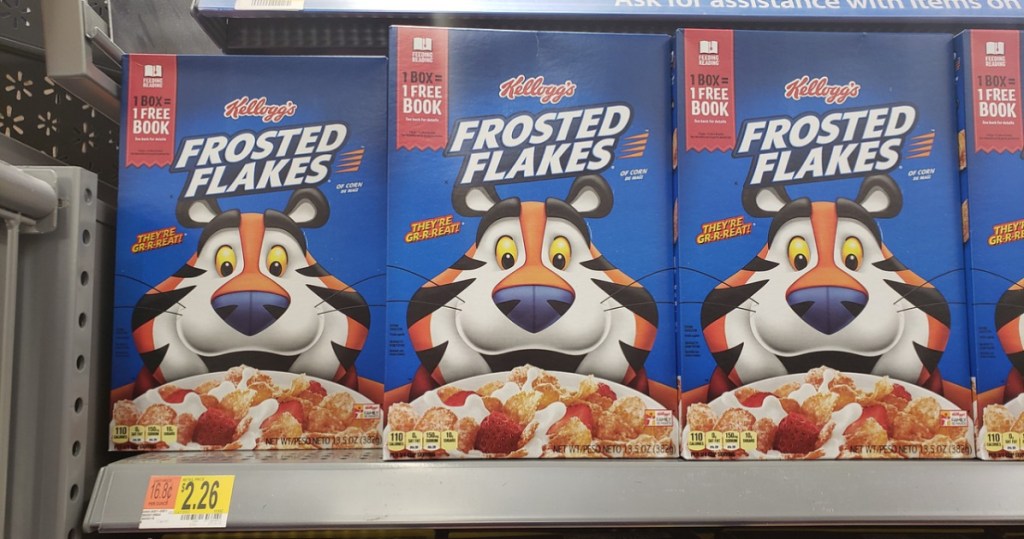 boxes of frosted flakes on shelf at walmart