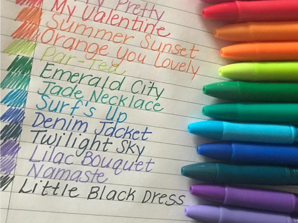 Crayola Gel Pens Washable sampling on notebook page