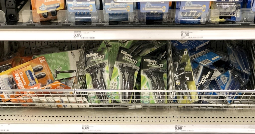 packages of gillette razors on shelf at target