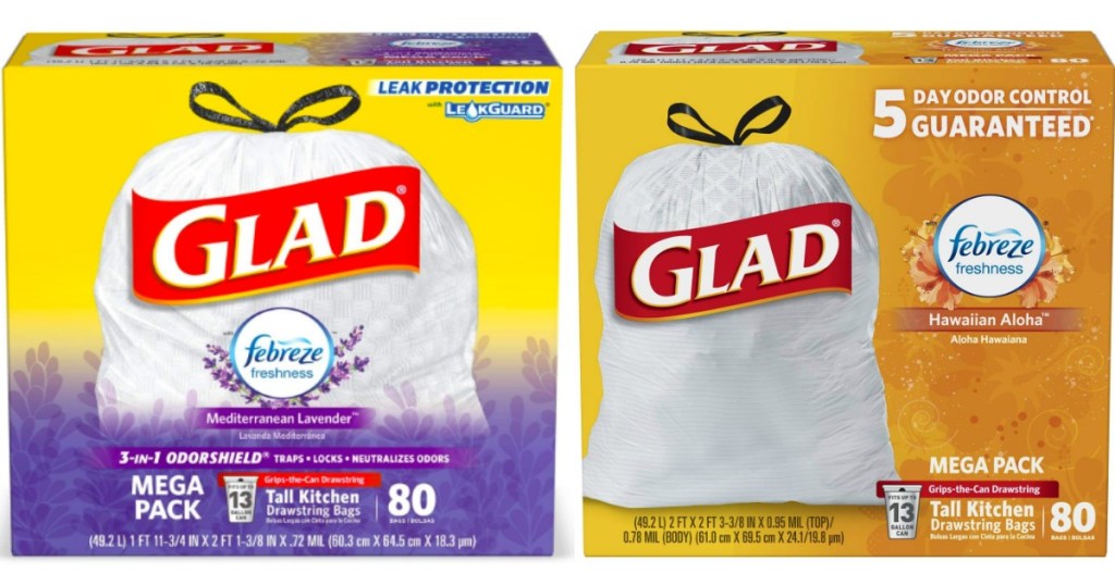 large boxes of Glad trash bags 80-count