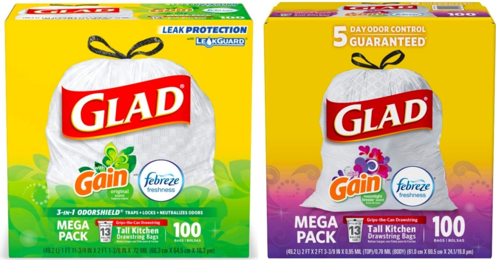 large boxes of Glad trash bags 100-count