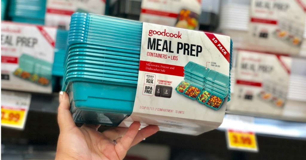 Woman holding teal colored GoodCook Meal Prep Containers