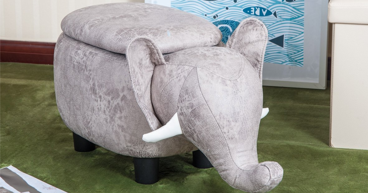 Grey Elephant Animal Storage Ottoman Footrest Stool in room on green carpet