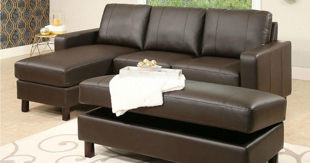 Hampton Leather Reversible Sectional and Storage Ottoman