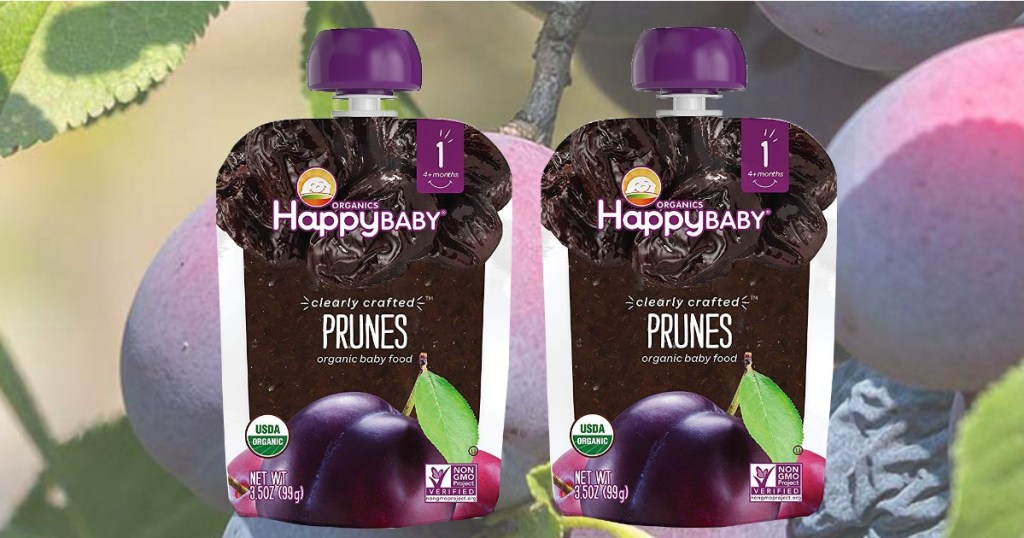 Happy Baby Prune Pouches in front of prune fruits