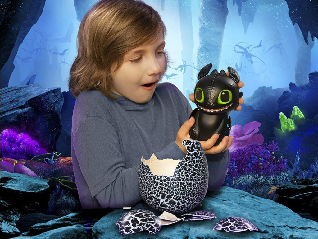 boy hatching Toothless dragon from egg
