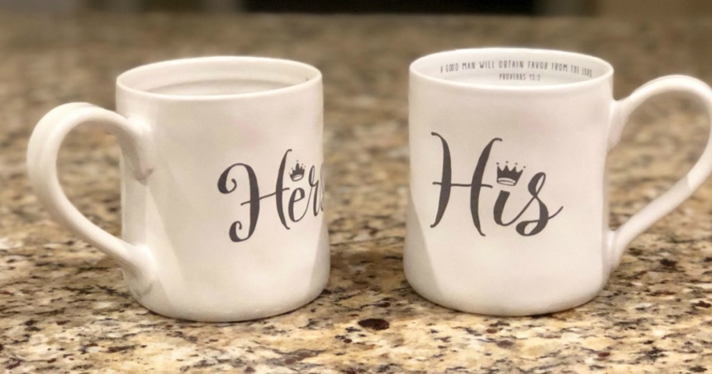 His and Hers White Porcelain coffee mugs on counter