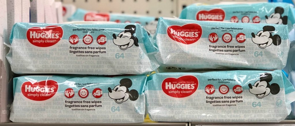 Packages of Huggies fragrance-free wipes with Mickey Mouse on package on store shelf